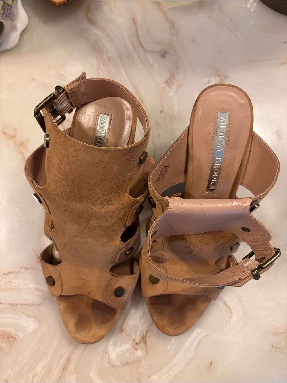 Audrey Brooke Cognac Cutout Buckle Heeled Sandals